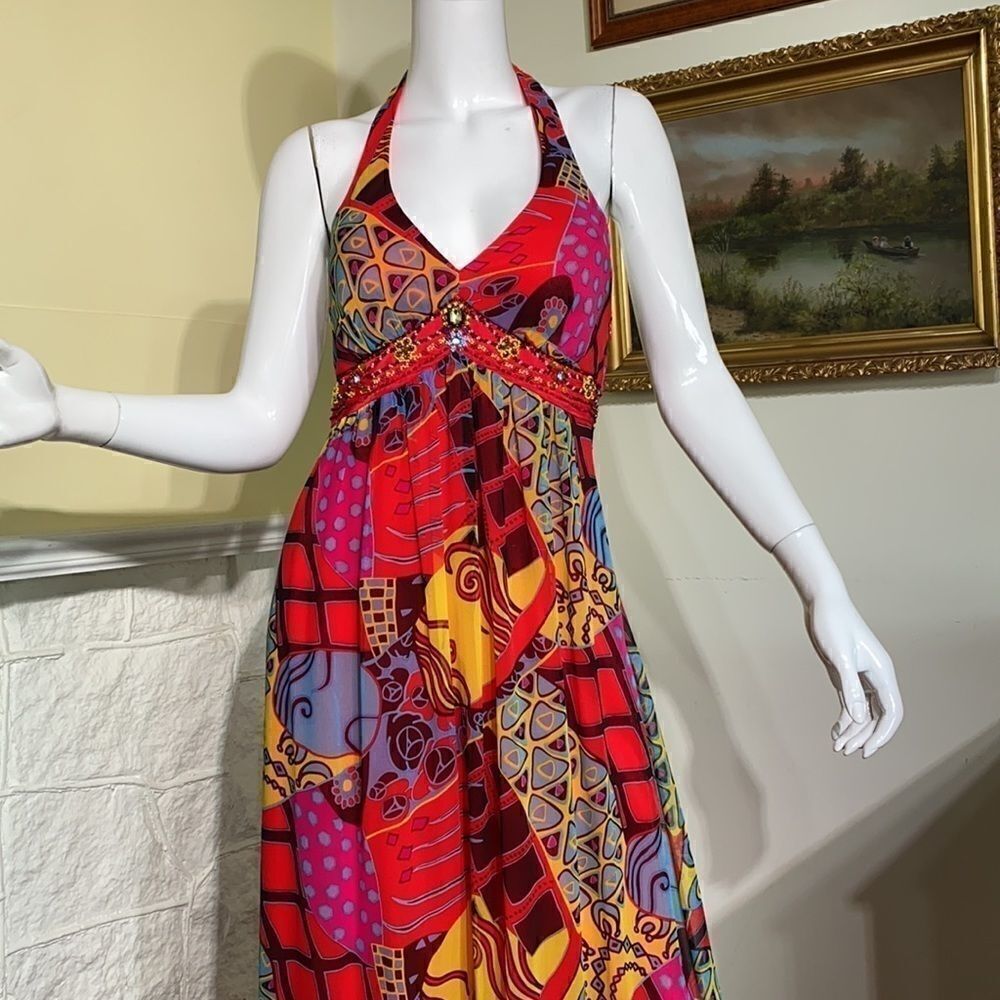 Sue Wong Beaded Printed Silk Chiffon Maxi Dress - Picture 6 of 15